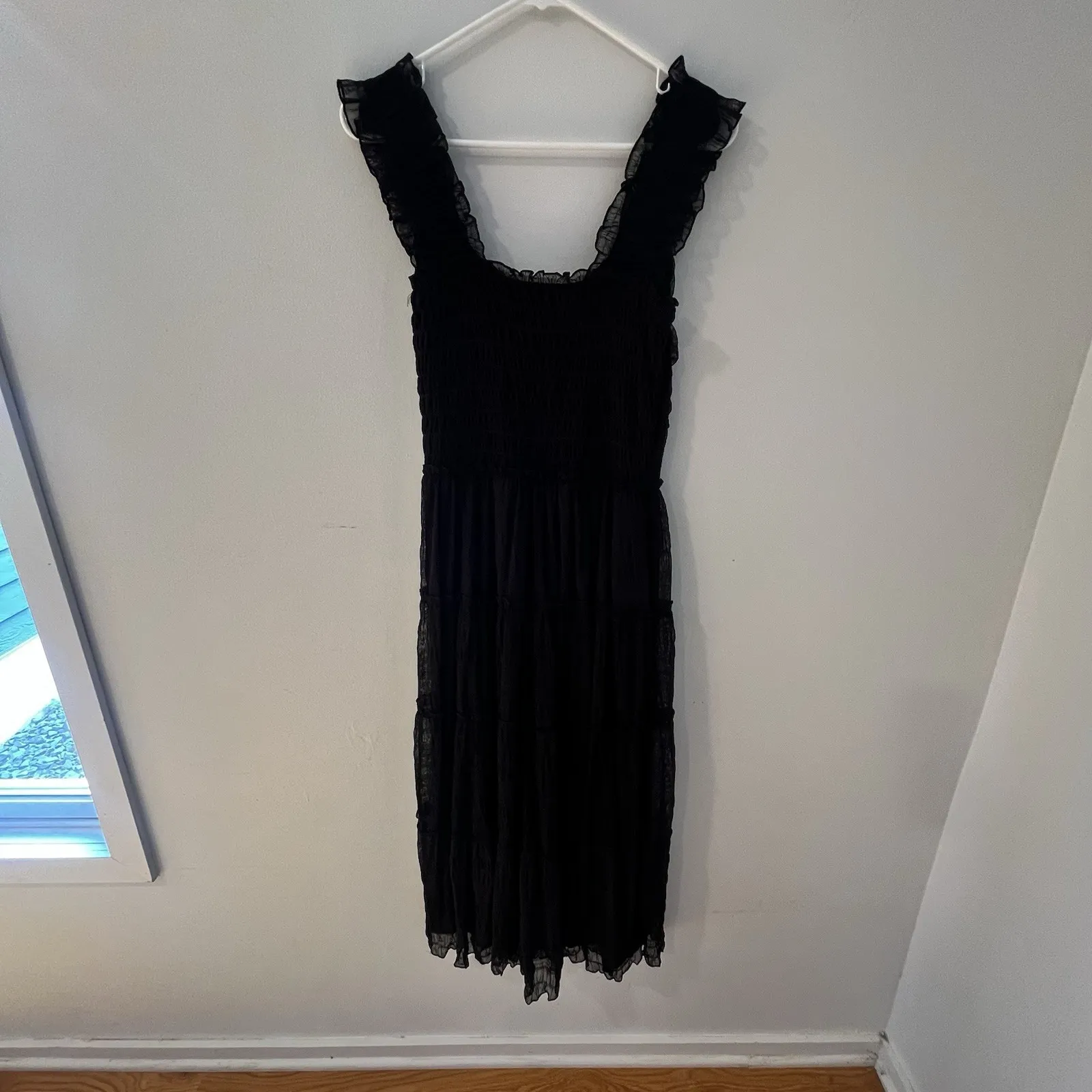 NWT Max Studio Mesh Ruffle Smocked Waist Stretchy Black Midi Dress Size M - Image 12