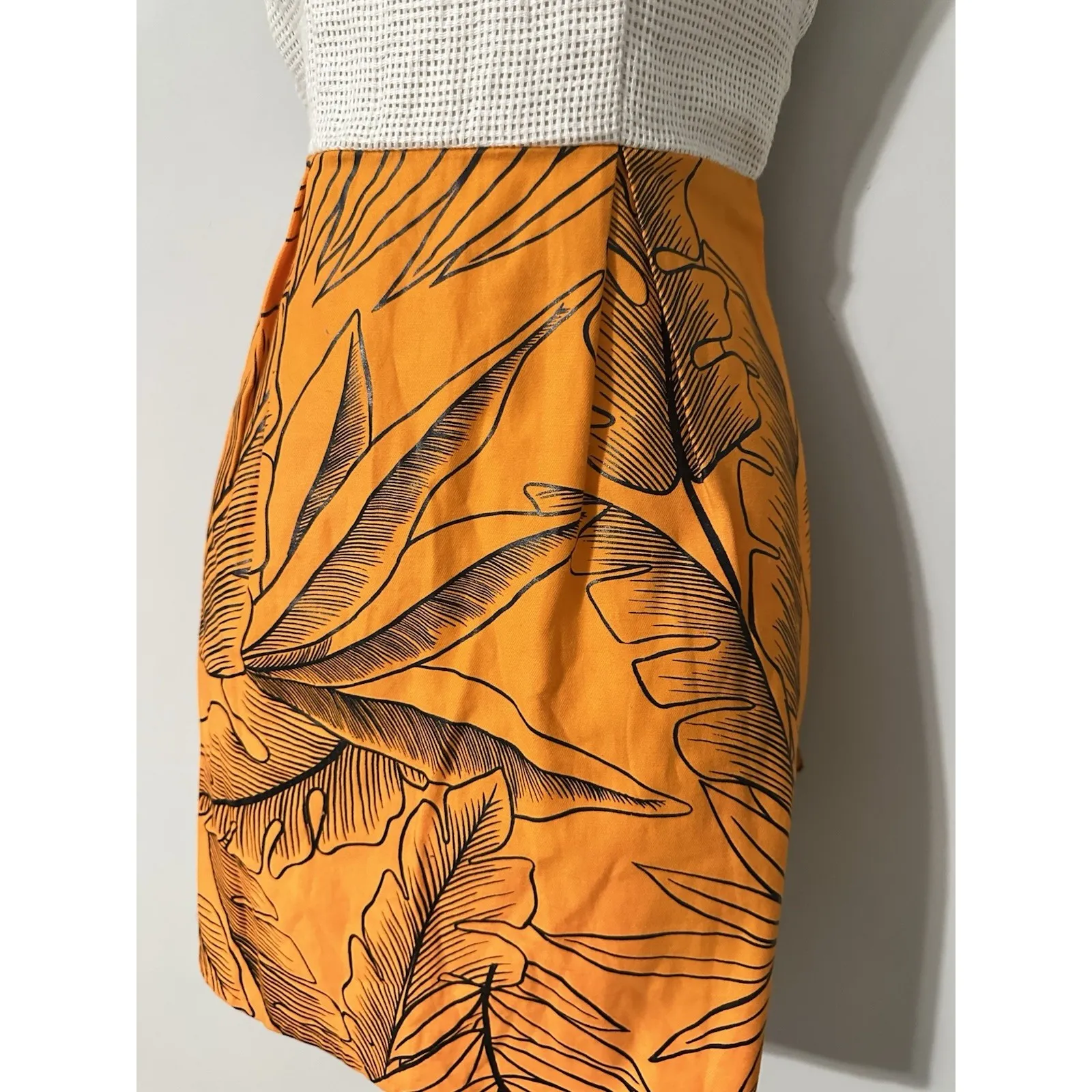 DELFINA BALDA Size S Tropical Leaf Dress Orange Waffle Knit Top Linen Resort USA - Image 3