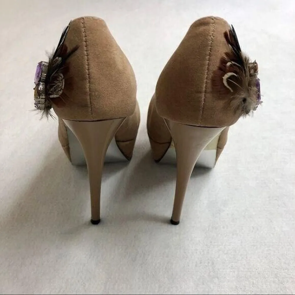 Tan Suede Feather Gemstone Pumps Brown Size 7 - Image 5