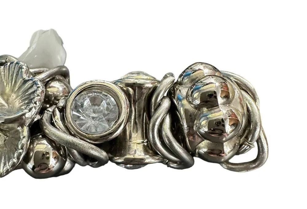 Vintage 90s Silver Tone And Glass Stone Chunky Stretch Bracelet - Image 2