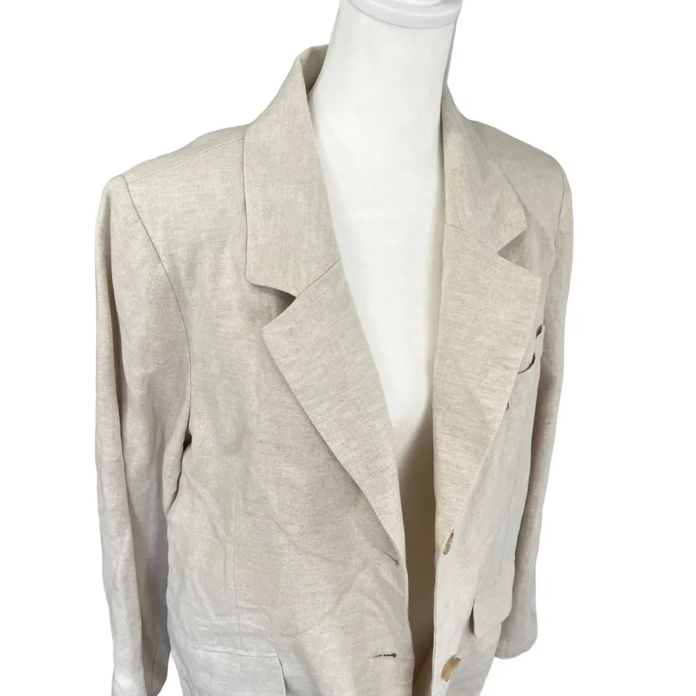 Flat White Collared 2 Button Linen Blazer Jacket Large Minimalist Neutral - Image 2
