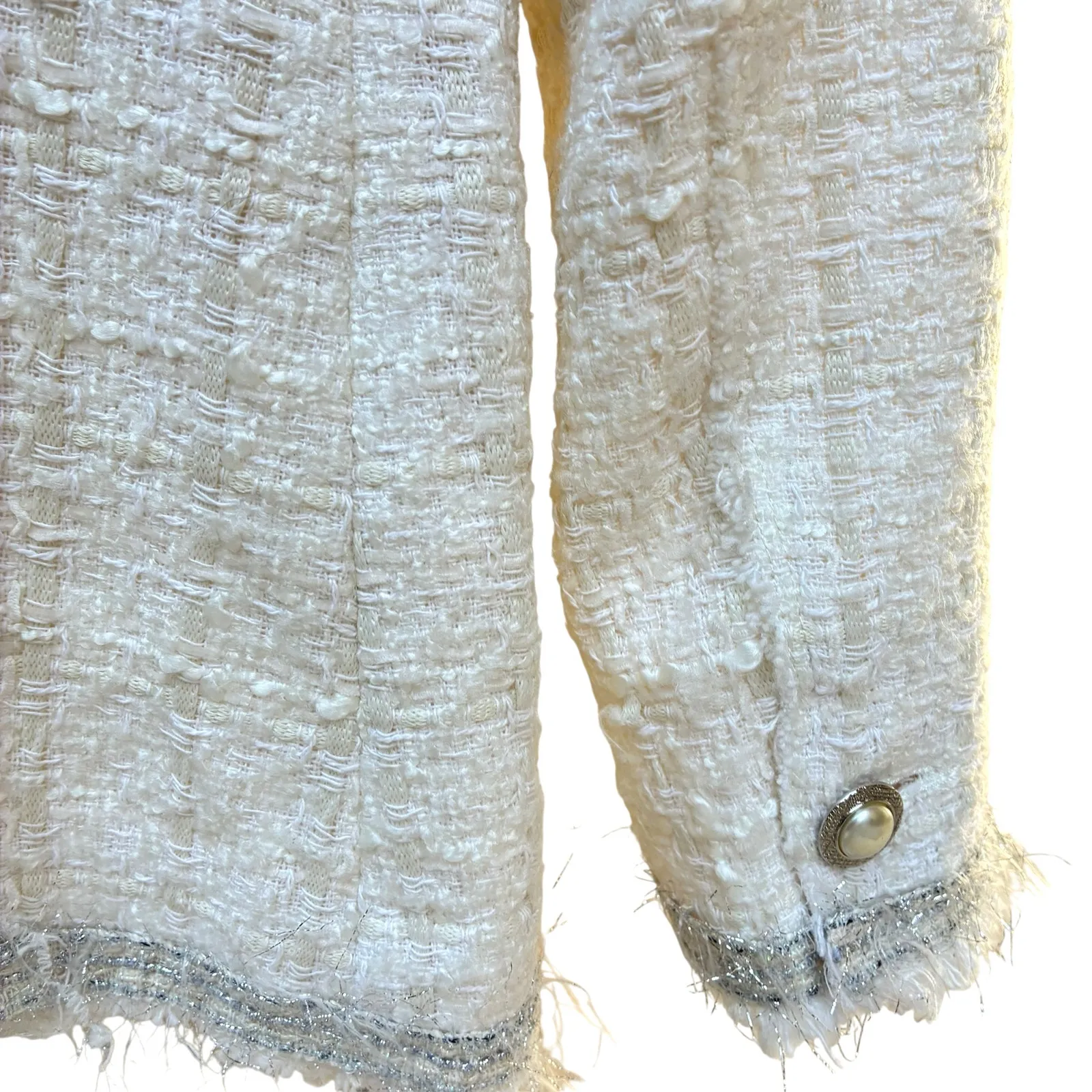 Zara Blazer Tweed Frayed Pearl Button Jacket Cream Silver Metallic Womens Sz XS - Image 8