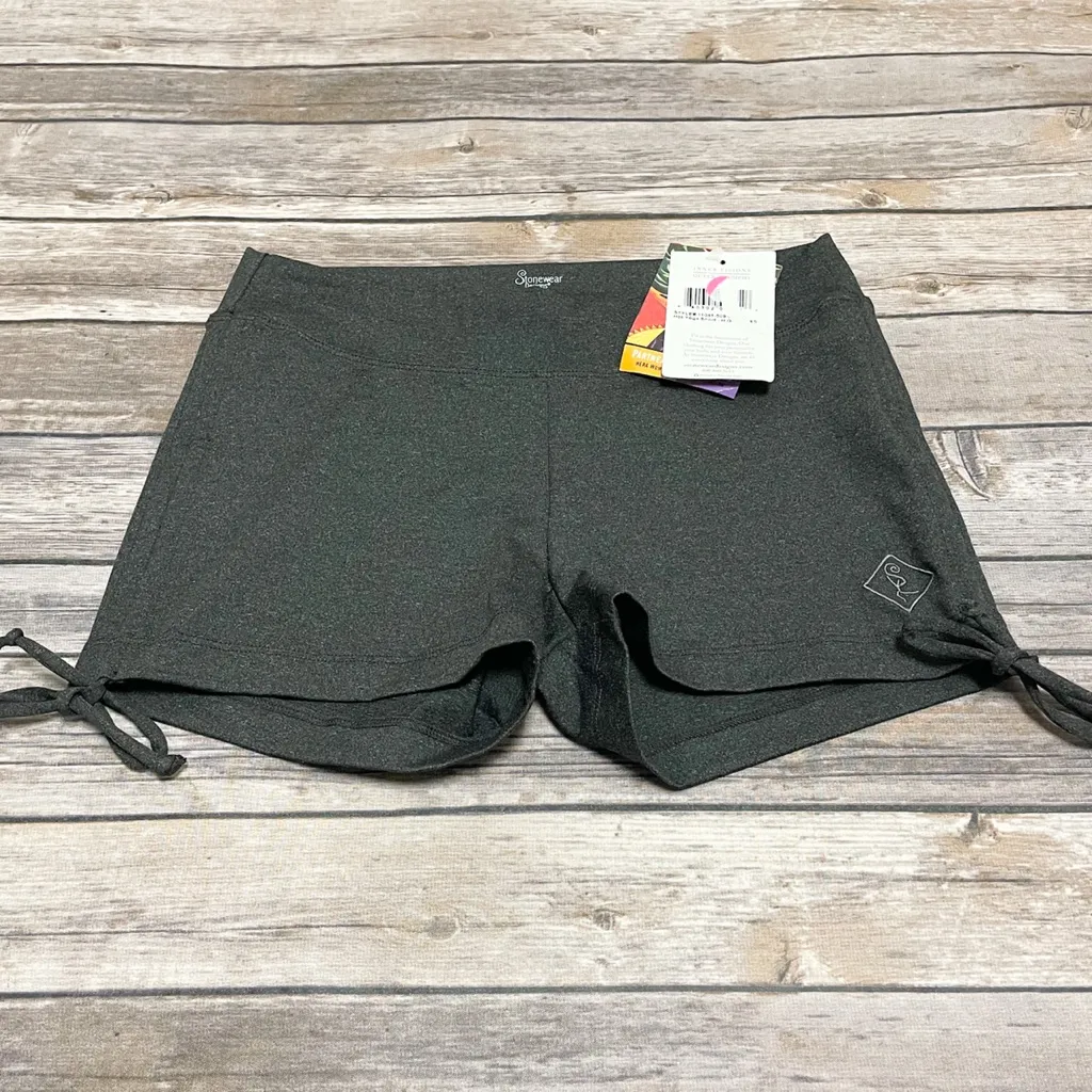 Stonewear Designs Dark Gray Speckled Hot Yoga Shorts XS NWT Side Ties Ruching - Image 3