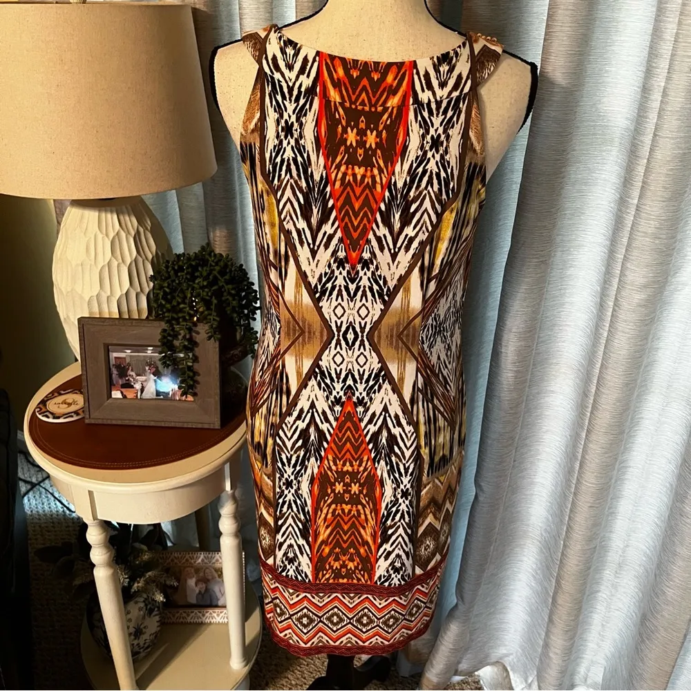 Dress Barn Women SZ 8 Brown Orange Dress Tribal Aztec Sleeveless Beaded Neckline - Image 15