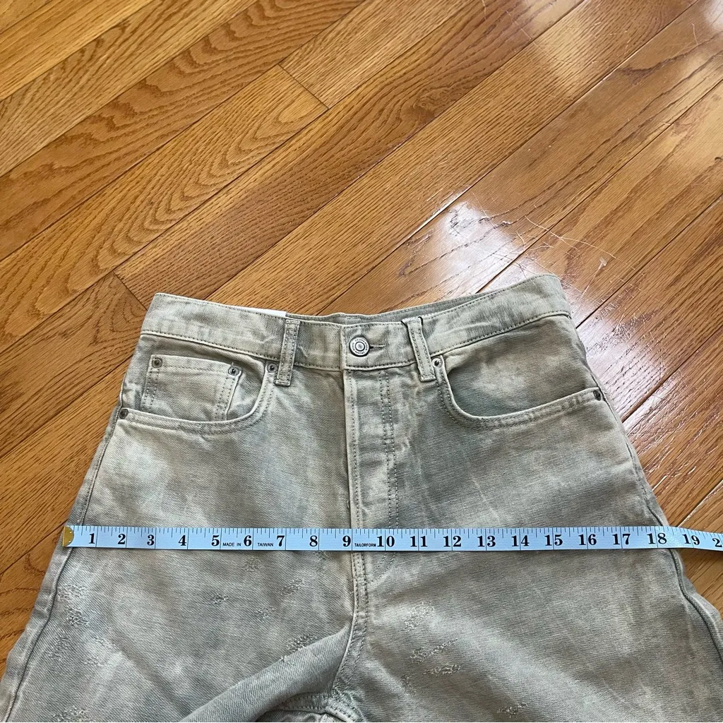 Zara Slim Distressed Jacquard Mid Waist Jeans Khaki Long contemporary soft US 4 - Image 8