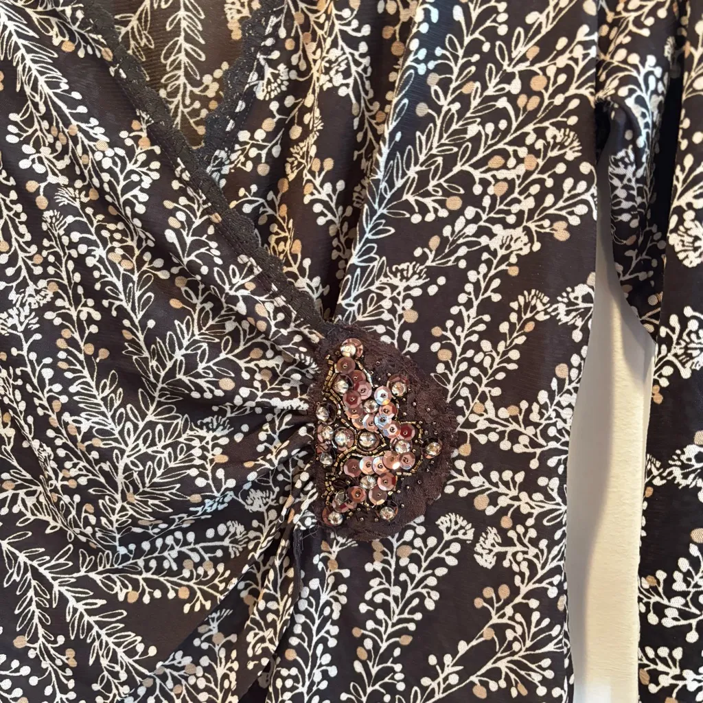 Nine West Separates Chocolate Brown Lace Trim Fairy Faux Wrap Beaded Detail L - Image 2