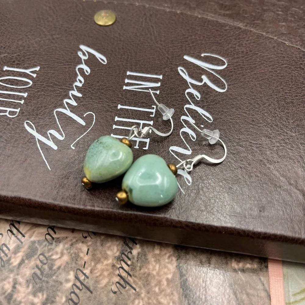 Light Blue Green Speckled Brown Beaded Handmade Porcelain Heart Boho Earrings - Image 4