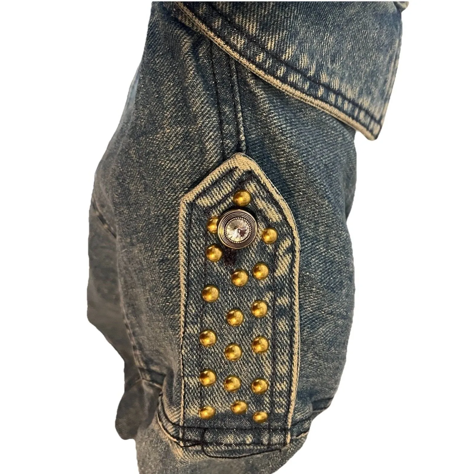Vintage 80s Cropped Denim Jacket Studded Rhinestone Buttons USA Made Opal Size S Blue - Image 5
