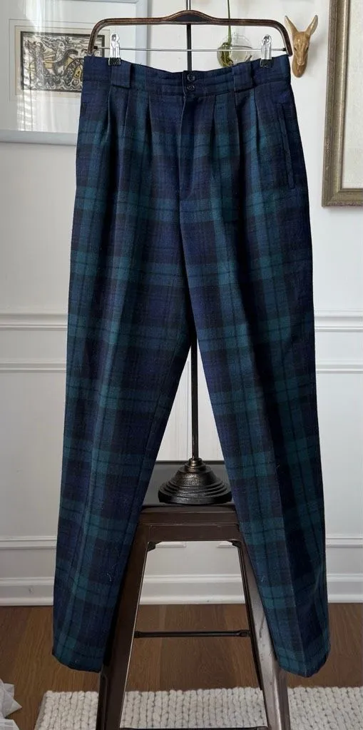 Vintage 90s Summit Hill 100% Wool Blackwatch Plaid Pleat Front Trousers Pants 10 Blue - Image 1
