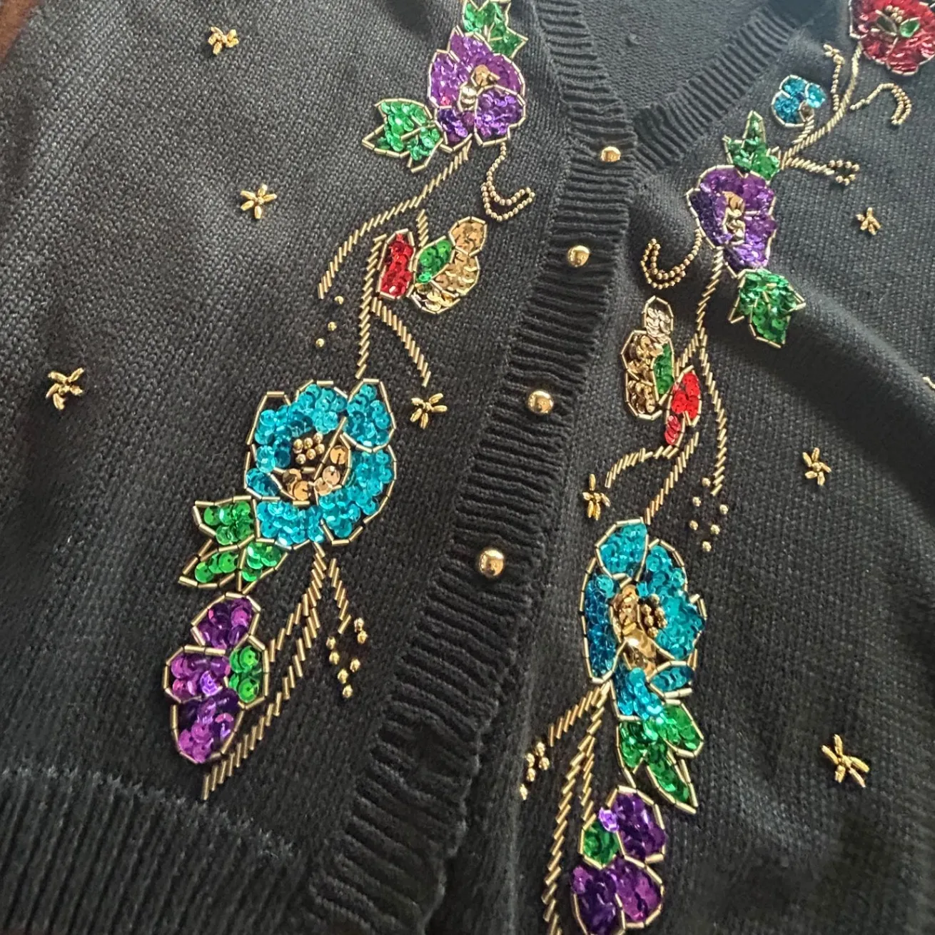 Vintage Rainbow Black Knit Sweater Embroidered Flowers Long Sleeve Women's Large - Image 2