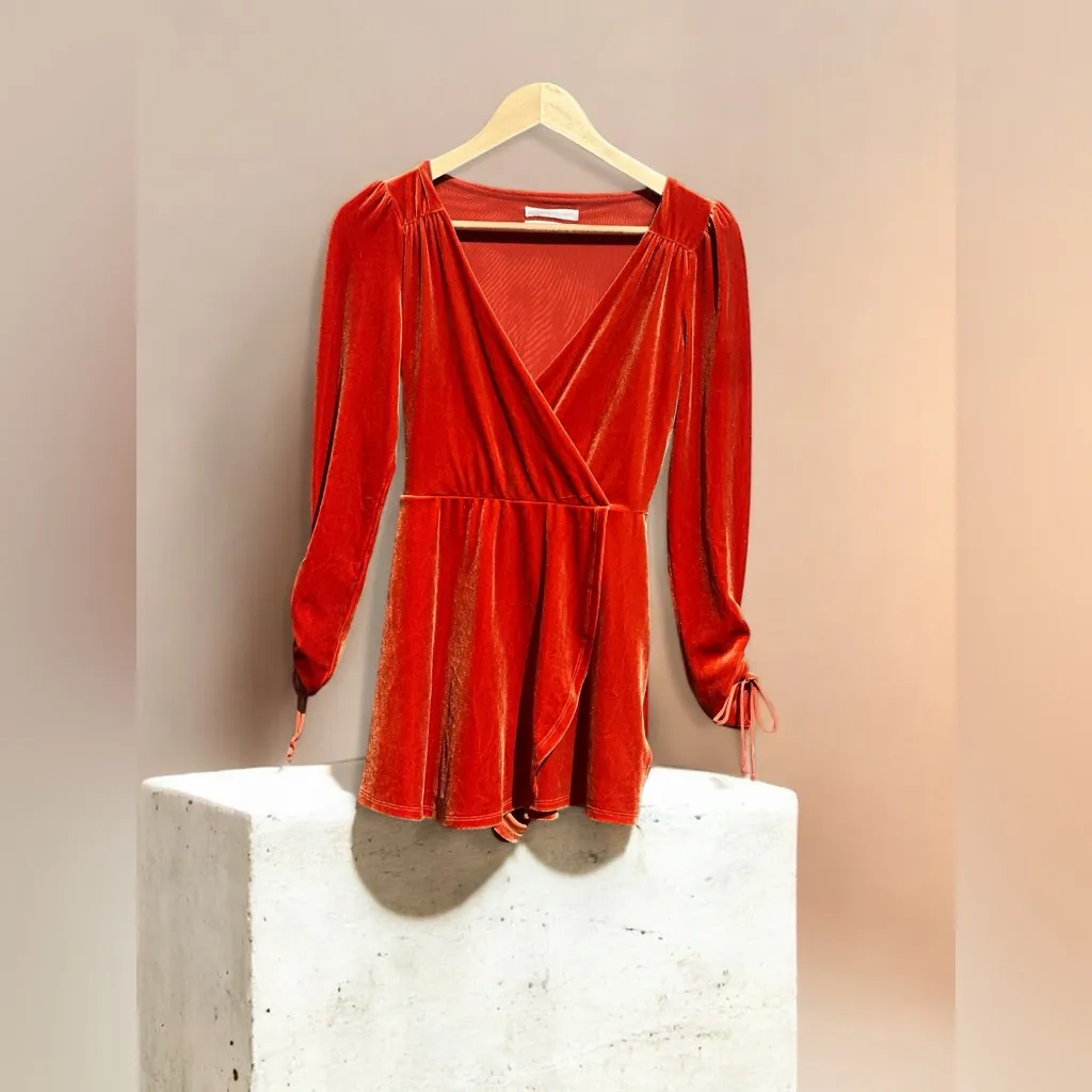 Urban Outfitters Romper  Velvet Surplice Playsuit Terra -Cotta - Image 2