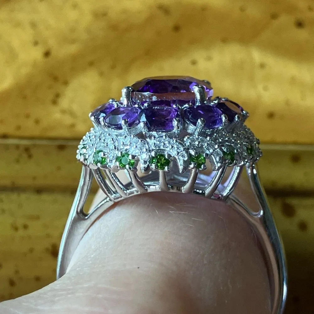 African Amethyst Chrome Diopside Sterling Silver Cocktail Ring Size 10 - Image 2