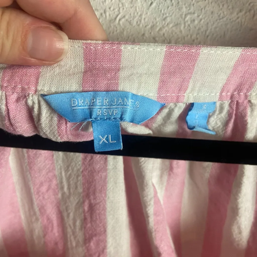 Draper James Size Xl Linen Cabana Pink White Stripe Ruffle Sleeve Blouse Top - Image 8