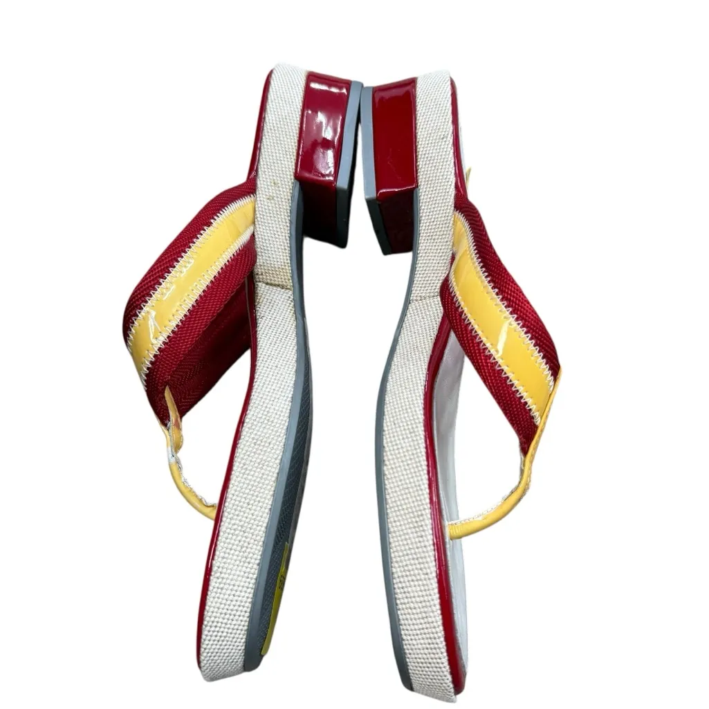 Prada Women’s 8 Chunk Heel Flip Flip Sandal Red Yellow Stripe Coastal Preppy NWT - Image 4