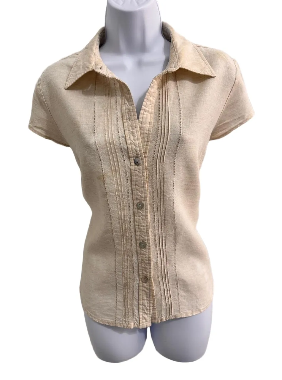 Caribbean Joe Beige Button Down Pintuck Detailing Cap Sleeve Collared Blouse L - Image 1