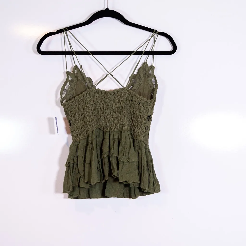 NEW Free People Adella Camisole Lace Crochet Applique Olive Sparrow Tank Top M - Image 4