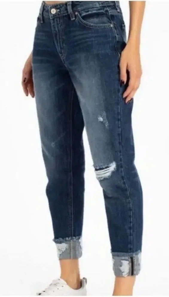 Kancan Bernice High Rise Boyfriend Jeans Distressed Dark Wash Raw Hem Size 28 Blue - Image 1