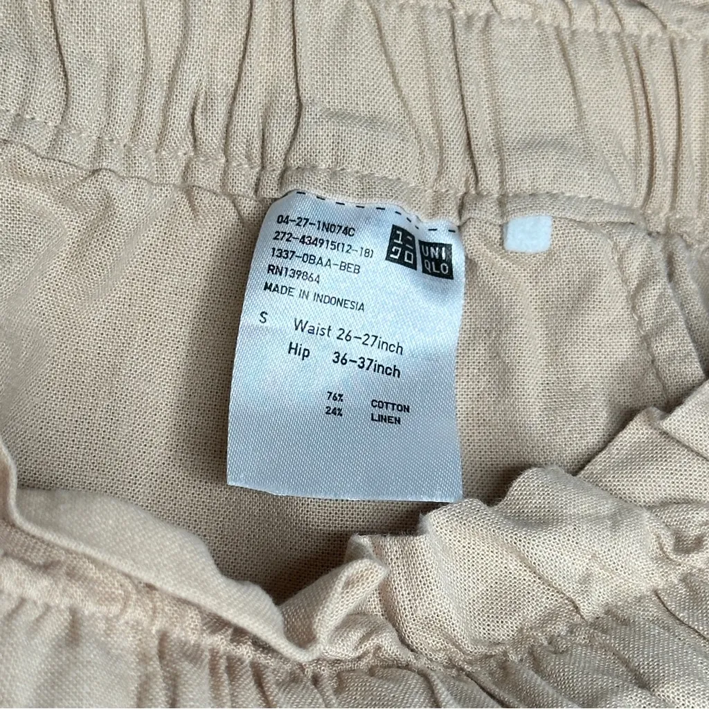 Uniqlo 100% Cotton Linen Shorts Paperbag Drawstring High Waist Tan Sz S 26" - Image 5