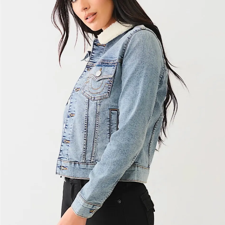 True Religion Light Blue Denim trucker Jacket with Sherpa Collar, size S western - Image 4