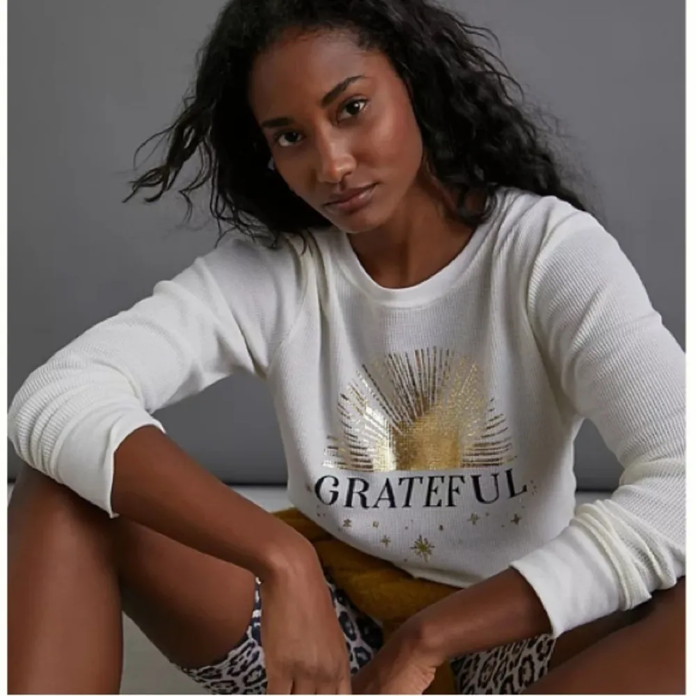 Anthropologie Back When White Long Sleeve Waffle Weave Graphic Grateful Tee S - Image 4
