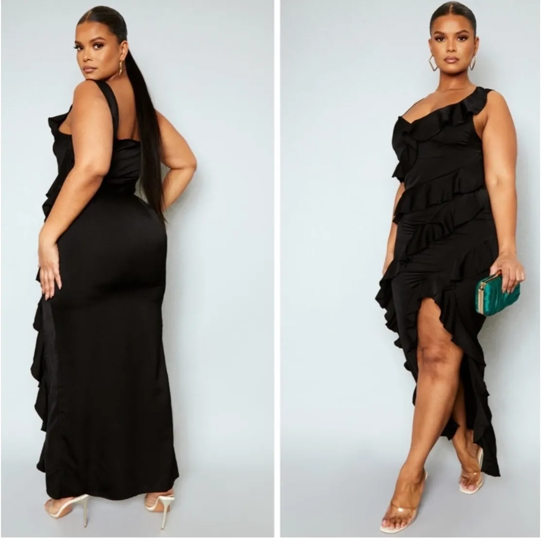 PRETTYLITTLETHING PLUS Black Ruffle Tank Dress Size US 18 Slit - Image 2