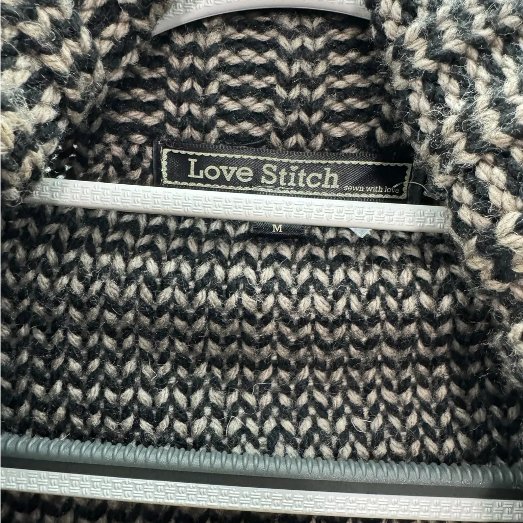 LOVE STITCH Aztec WOOL Open Cardigan Sweater Black Size M - Image 6