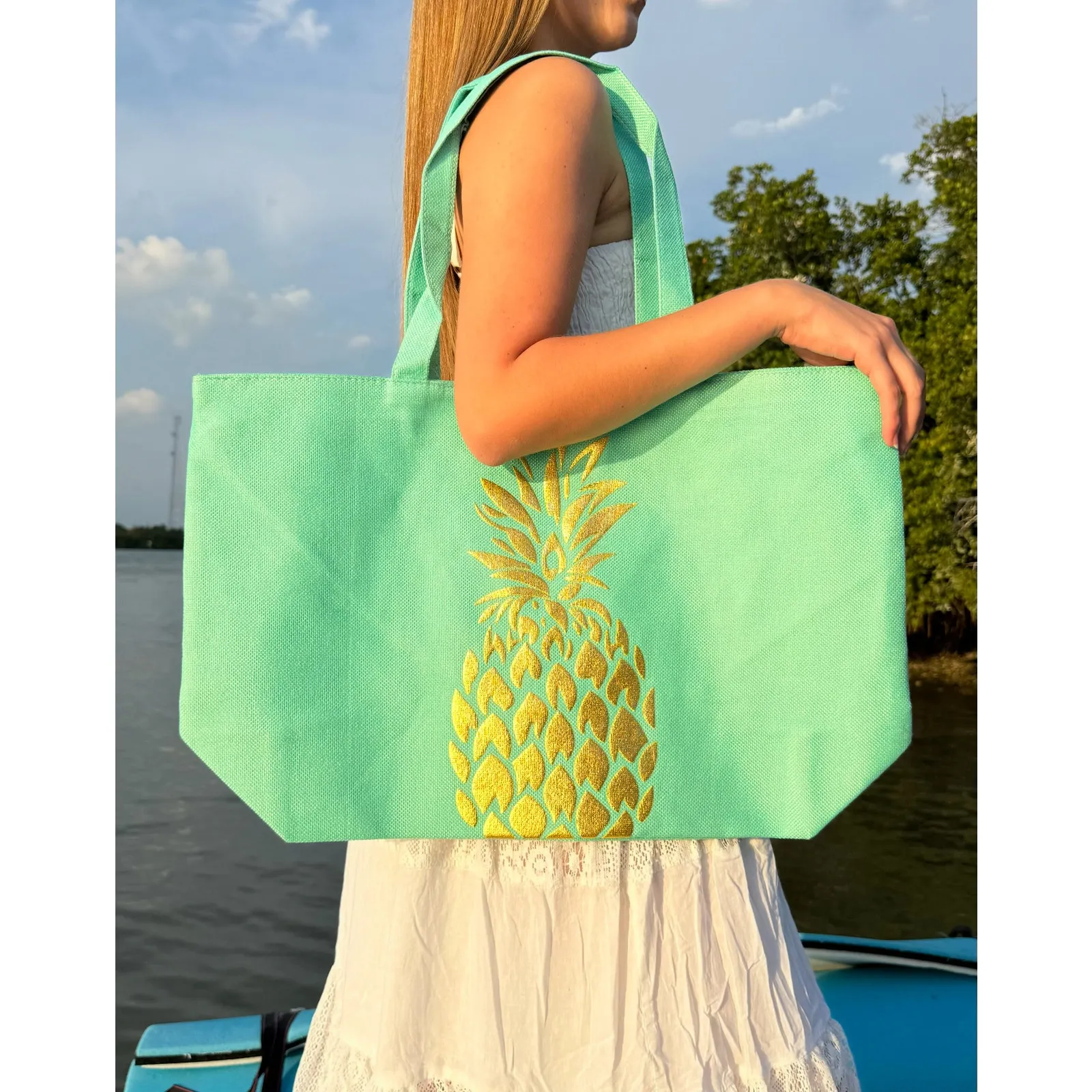 Beach Bag Tote, Pinneaple Beach Bags Pool Bag Shoulder Travel Tote Green - Image 2