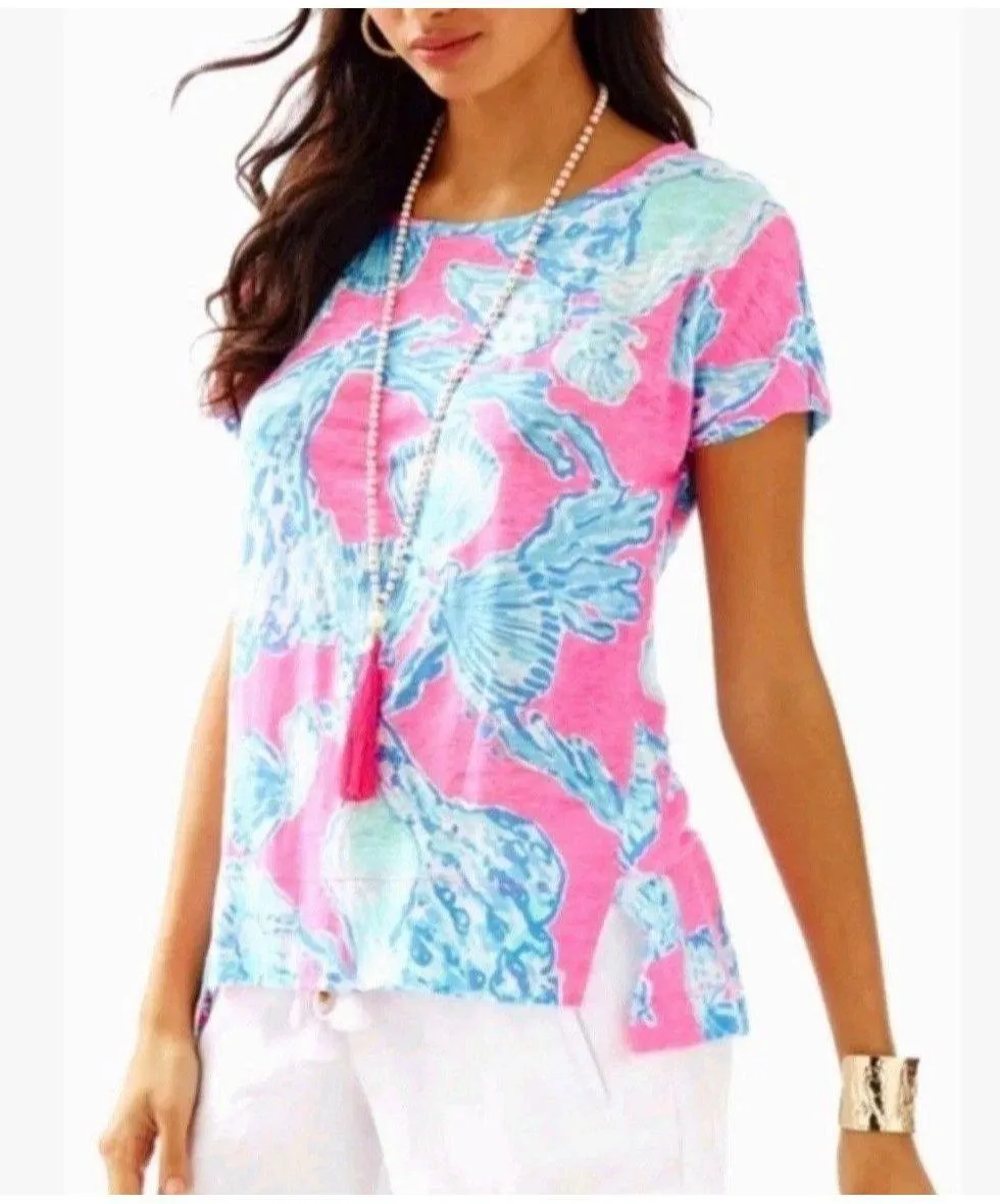 Lilly Pulitzer Mikela top pink pout barefoot princess blue shells size S - Image 4