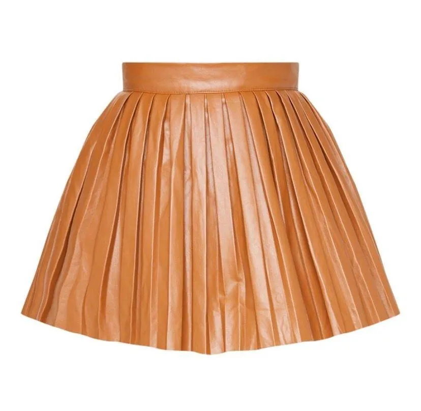 Camel Faux Leather Pleated Skater Skirt - Image 4