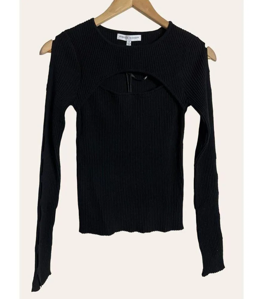 Rebecca Minkoff NEW Black Ribbed Long Sleeve Knit Lauren Top Size S - Image 2