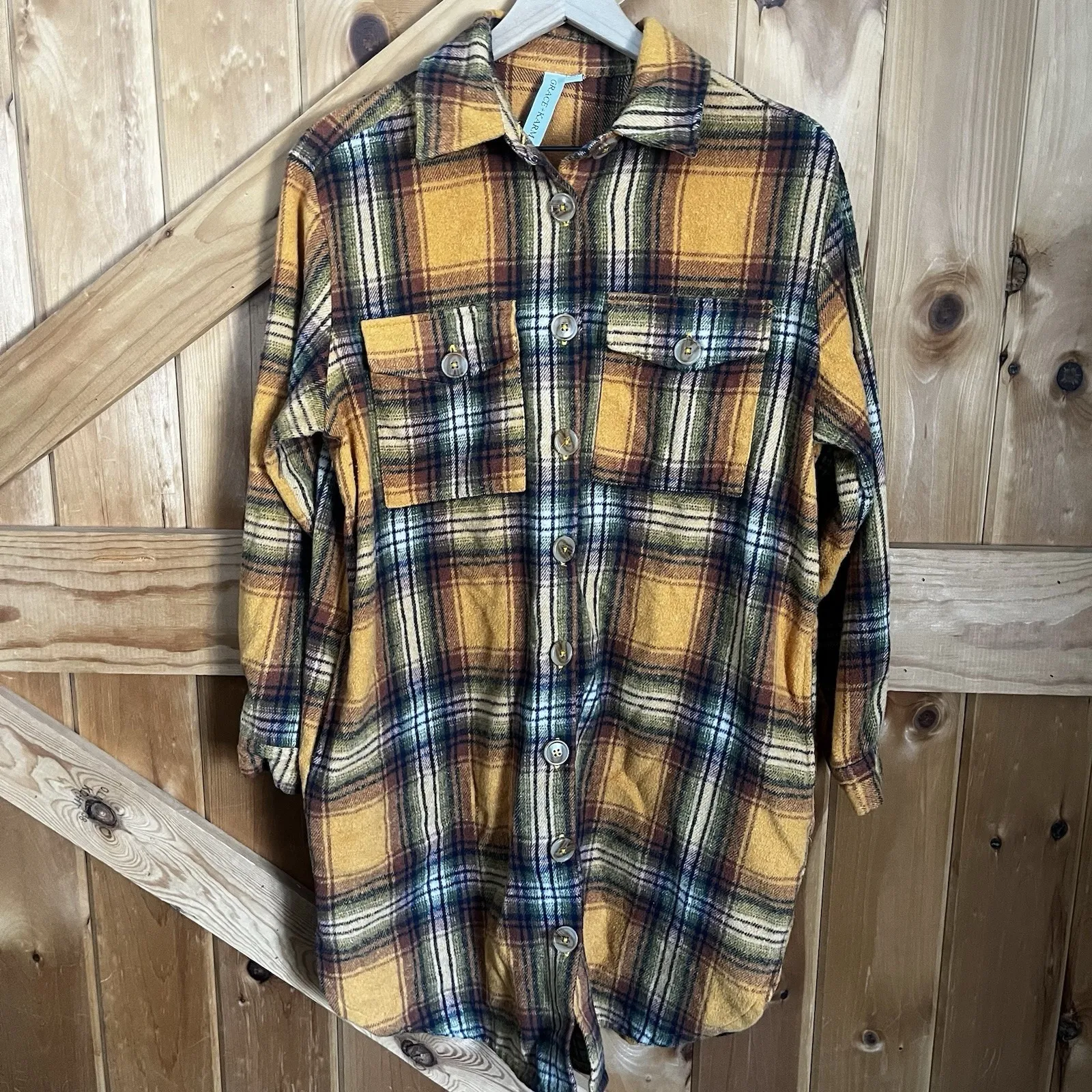 Grace + Karma Women's Medium Long Flannel Shacket Pockets Buttons Plaid Fall - Image 2