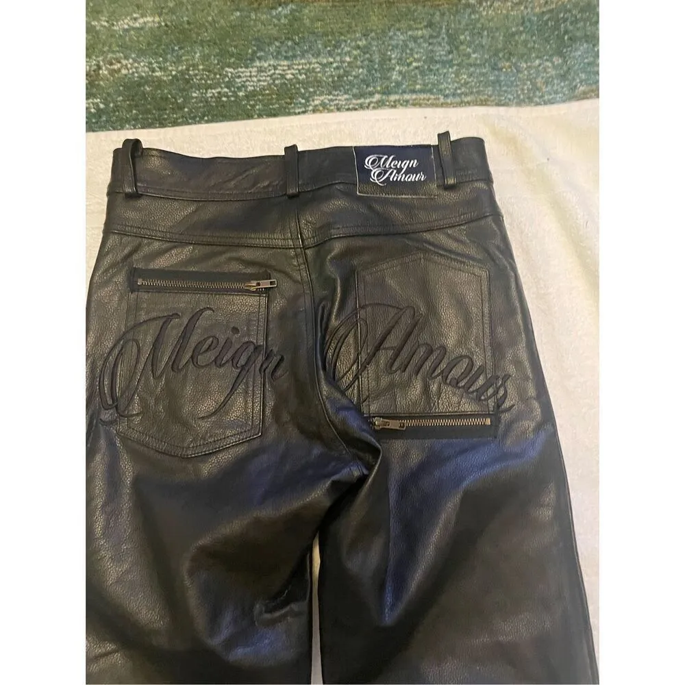 Meign Armour Women’s Heavy Moto Bike Leather Pants Black Size 32 Black - Image 13