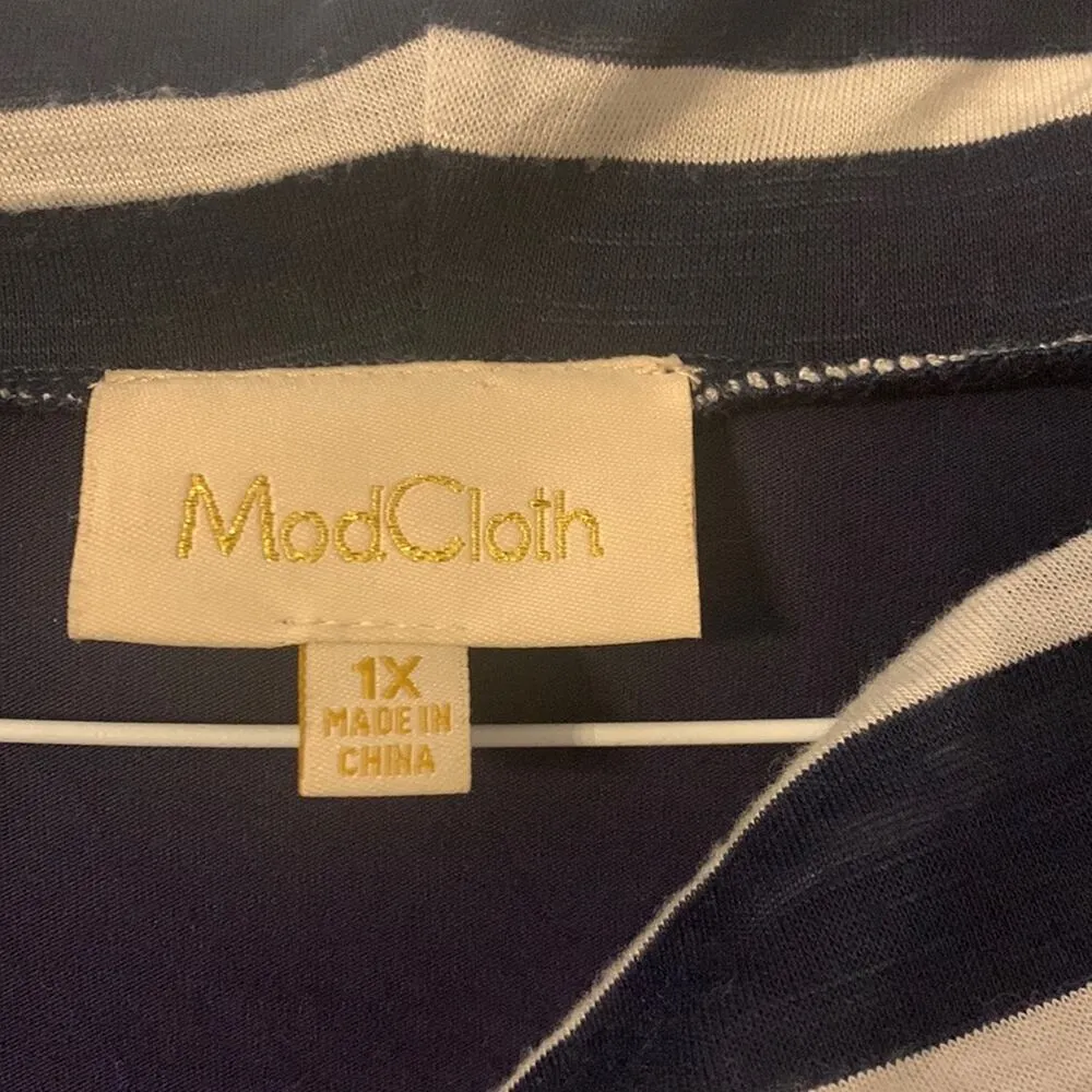 Modcloth womens 1x long sleeve navy blue stripe shirt cowl neck lightweight - Image 2