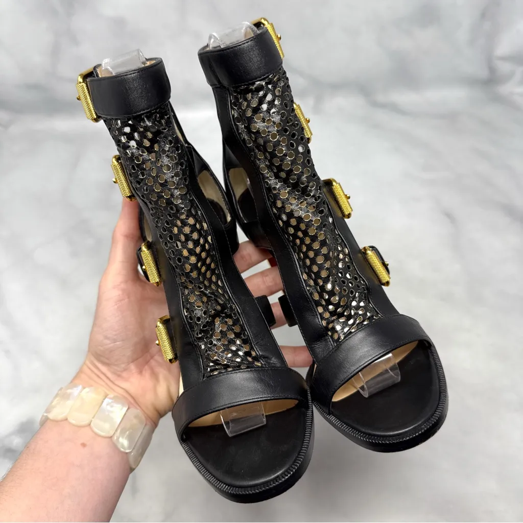 Christian Louboutin Fencing 100 Leather Gladiator Buckle Block Heel Bootie Black - Image 5