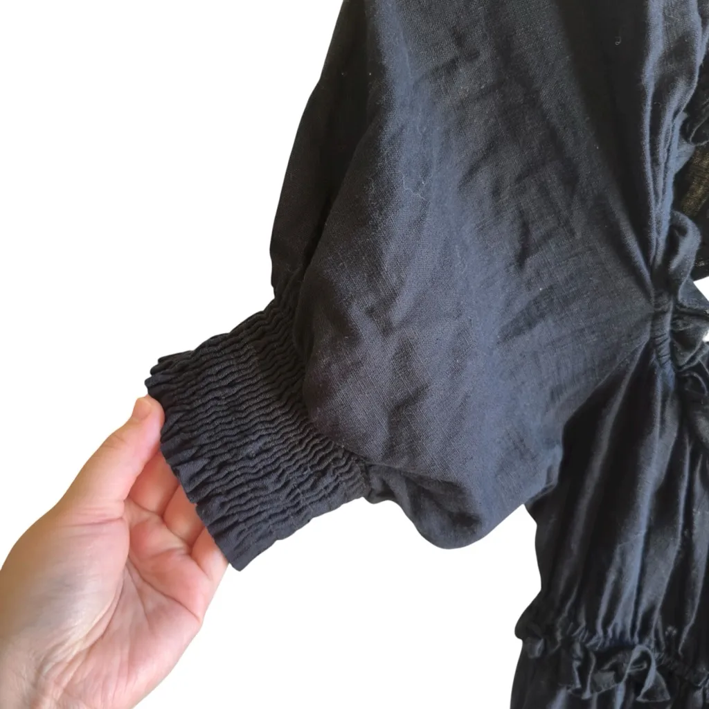 MISA Los Angeles Ara Dress Black Linen Blend Puff Sleeve Open Back Size M - Image 8