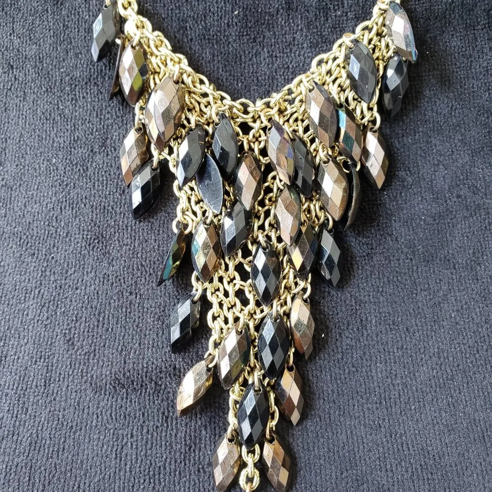 Womens Black Faceted Onyx Bead Chain Mail Waterfall Bib Necklace Lobster Clasp - Image 3