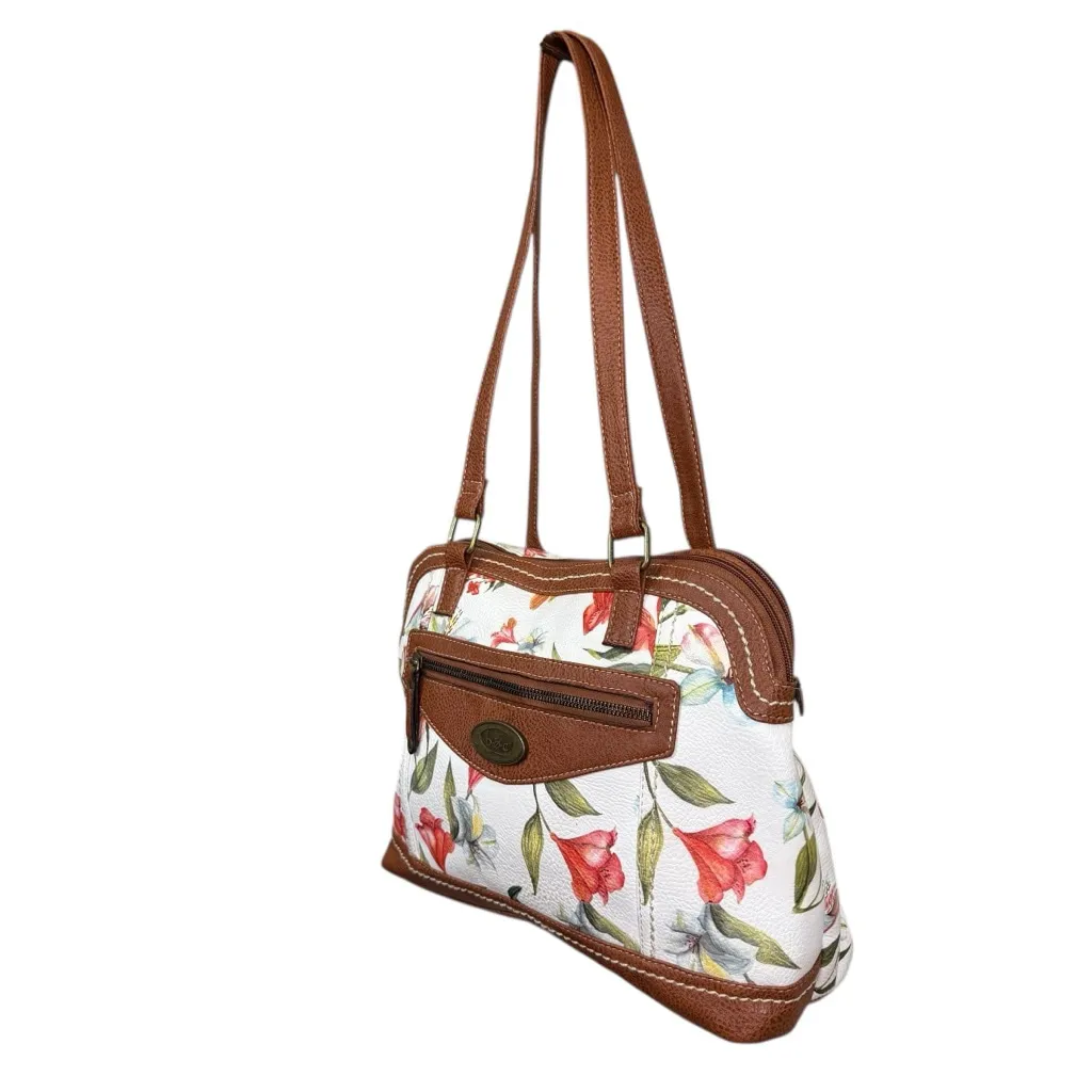 b.o.c. Floral Vinyl Shoulder Bag White Brown Zip Top Tote Purse - Image 3