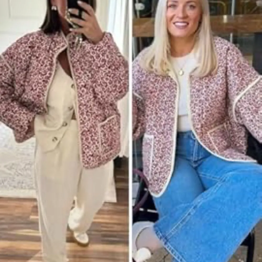 Woven Ditsy Floral Oversized Puffer Jacket boho garden party whimsical Pink - Image 9