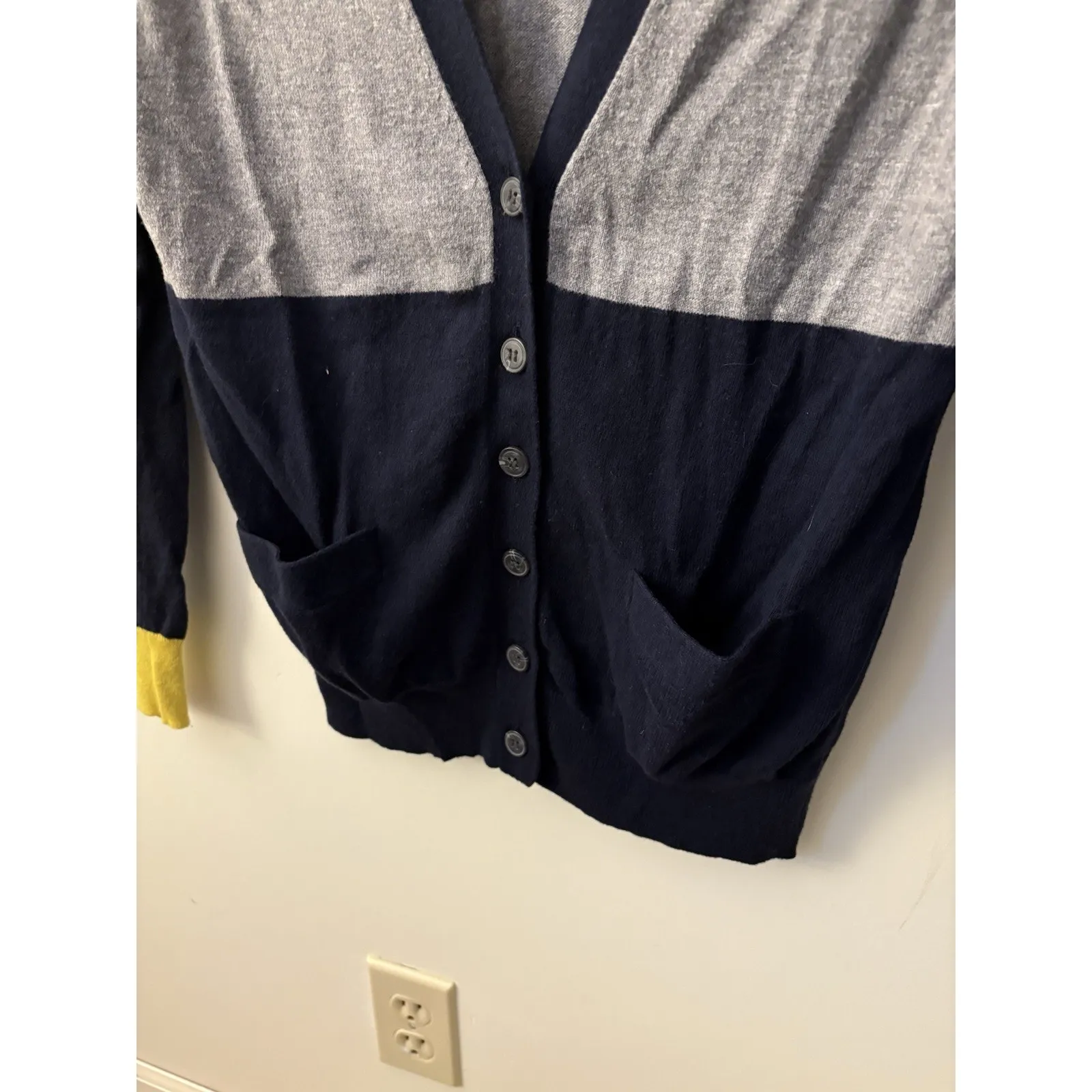 JCP Cardigan Sweater PM Color Block Cashmere Blend Gray Navy Blue Neon Yellow Size undefined - Image 3
