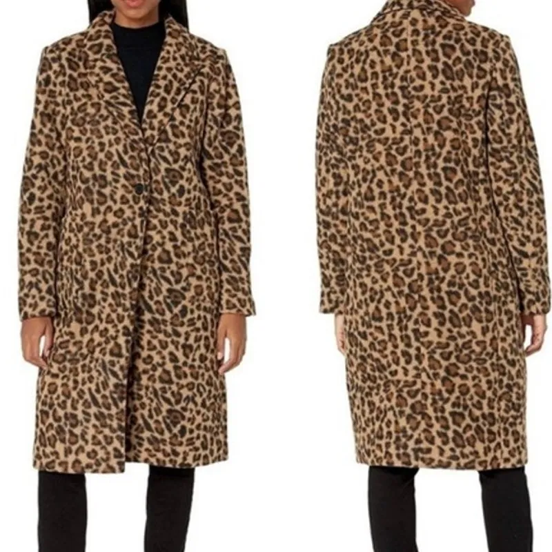NVLT NWOT Brown Leopard Print Single Breasted Button Long Jacket Coat Medium - Image 2