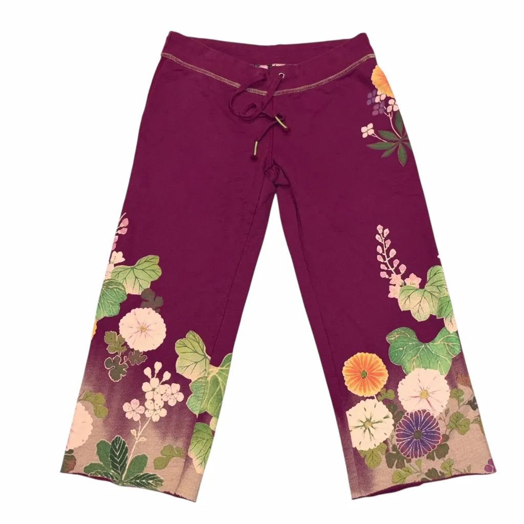 Vintage Lucky Brand Maroon Asian Floral Wide Leg Cropped Fleece Yoga Pants Small - Image 2