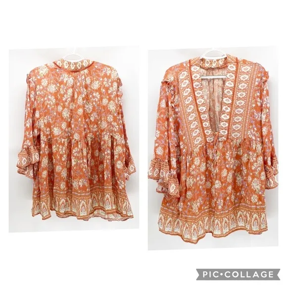 C&C California Boho Printed Ruffle Blouse Tunic Top deep v neck - Image 2