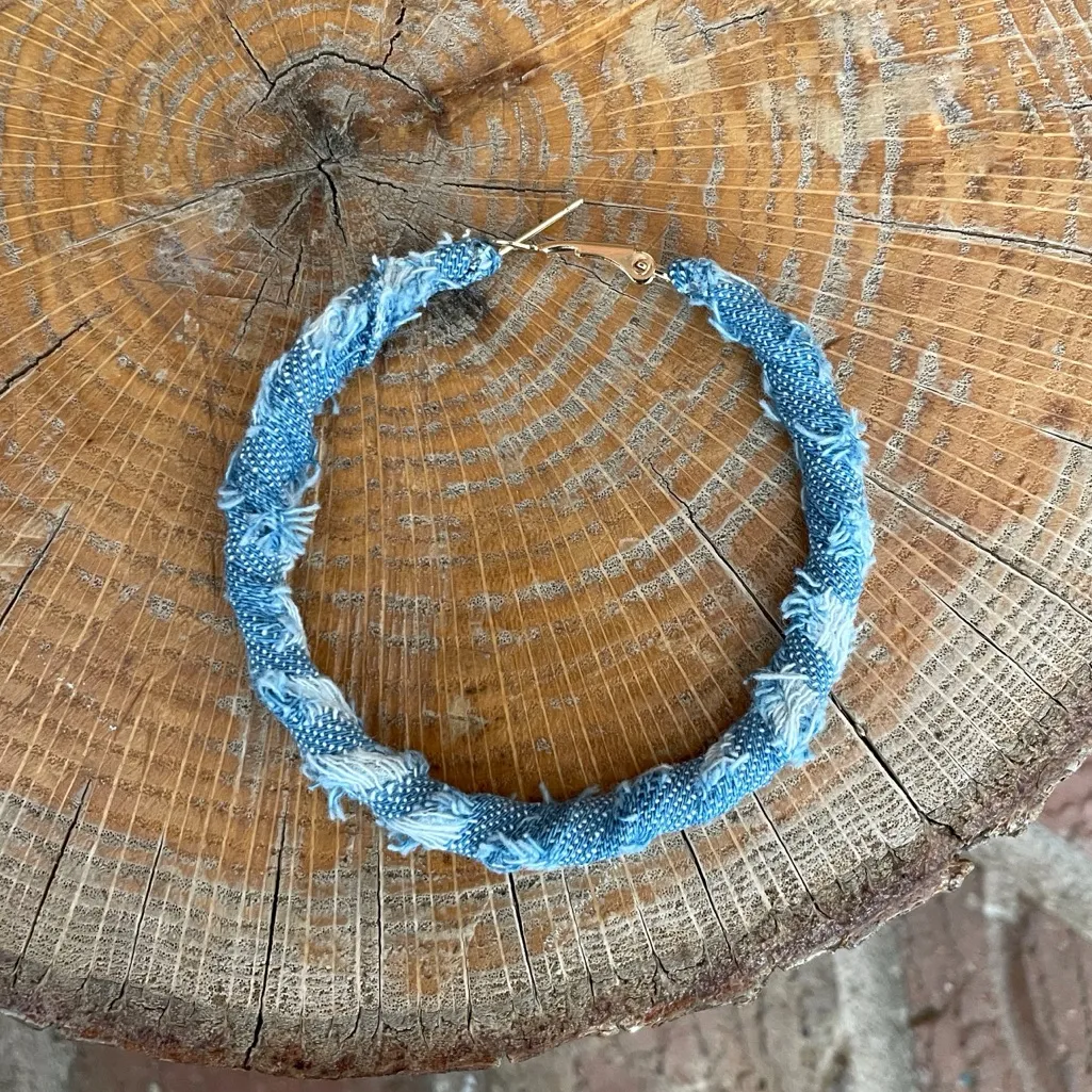 Distressed Denim Hoop Earrings Blue - Image 2