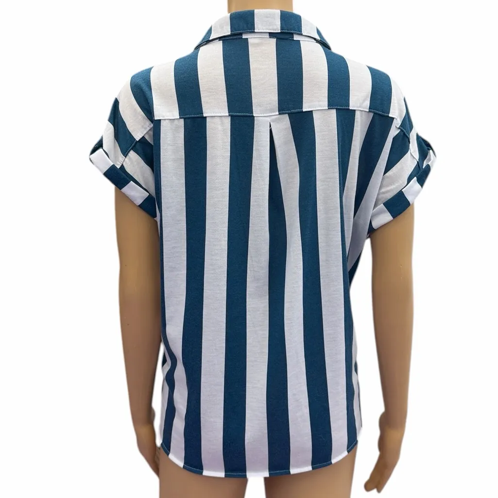 Eden & Olivia Short Sleeve Blue White Striped Button Up Tie front Pocket Shirt M - Image 7