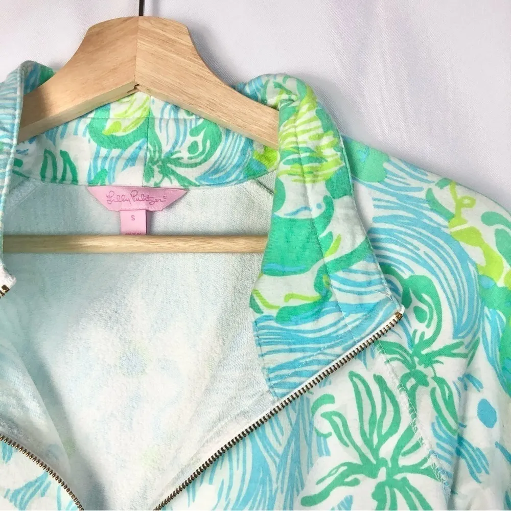 Lilly Pulitzer Skipper UPF 50 Green & Blue Floral Quarter Zip Pullover S - Image 3