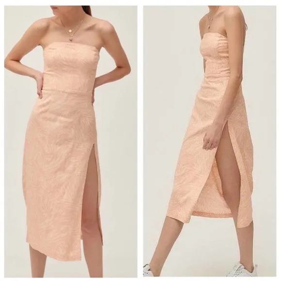 Urban Outfitters Strapless Linen Pink Zebra Slit Midi Dress Medium - Image 2
