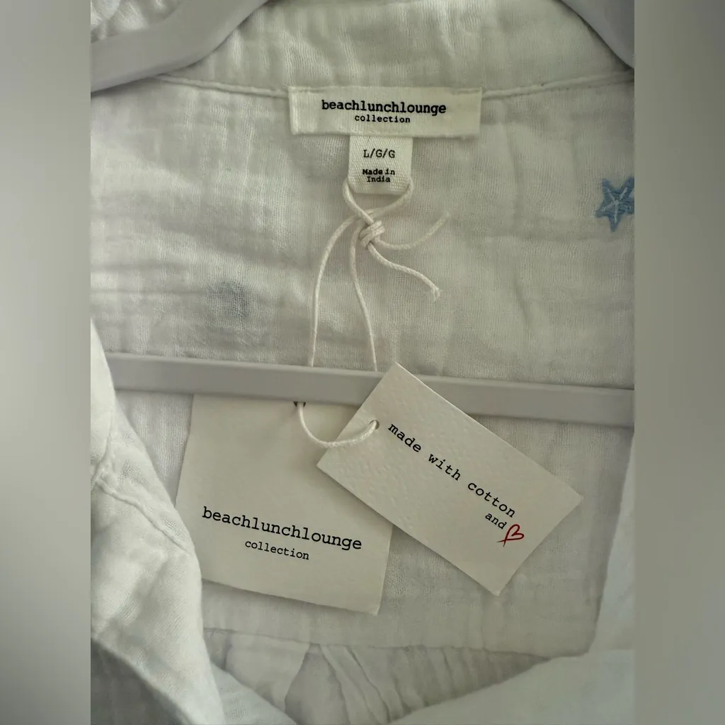 Beach Lunch Lounge Shirt Womens Large White Tie Front Embroidered Beach Nautical - Image 10