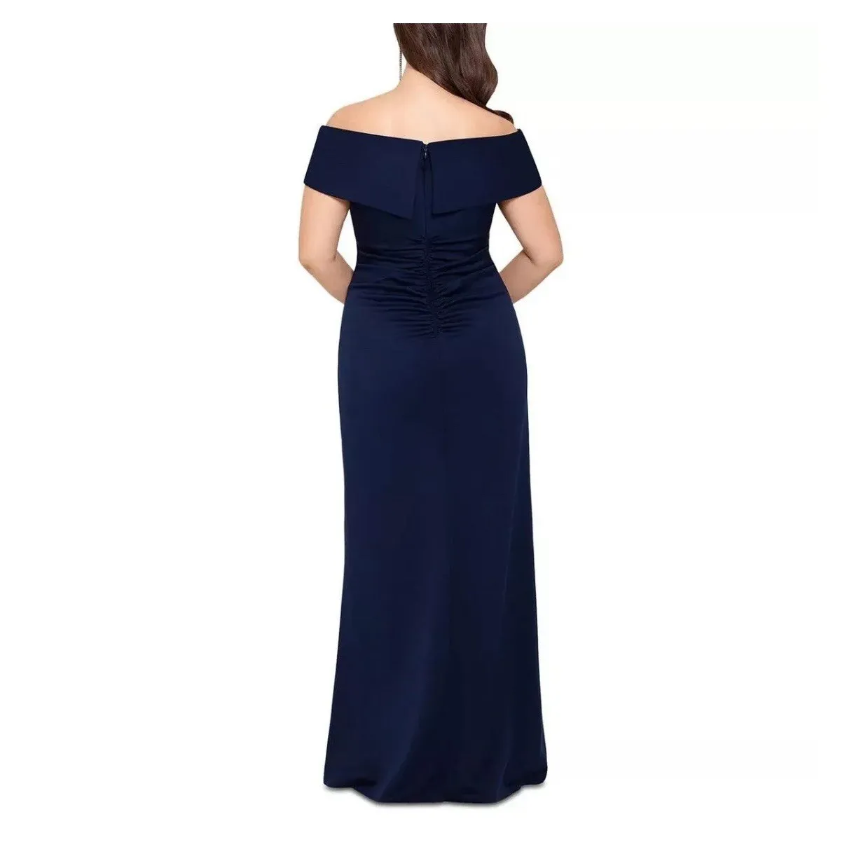 XSCAPE Off-the-Shoulder Gown Navy Size‎ 16 Style XC187 Ruched Wedding Formal - Image 2