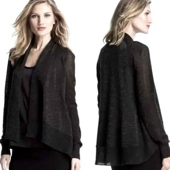 Eileen Fisher Merino Wool Cardigan Metallic Glitter Sparkle Black Knit Size S - Image 2
