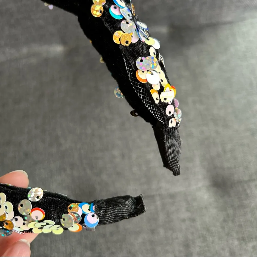 Colorful, Sparkly Sequined Knot Headband, Black, Multi Colored, Rainbow Black - Image 4